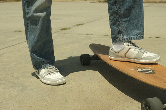 Minimalist barefoot shoes worn while skateboarding for natural movement