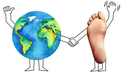 earth and foot holding hands and waving
